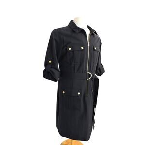Sharagano Navy Blue Shirt Dress Gold Accents & Belt Size 12